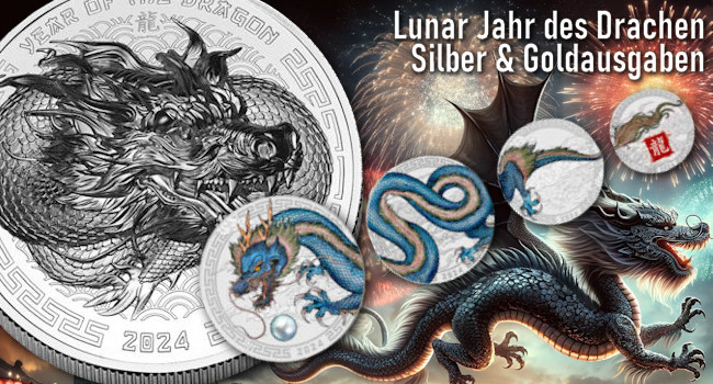 Lunar Jahr des Drachen 2024 Gold und Silber Münzen