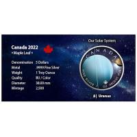 Kanada - 5 CAD Maple Leaf Sonnensystem (8.) Uranus - 1 Oz Silber Color