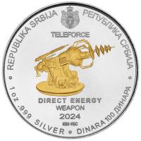 Serbien 100 Dinara Nikola Tesla Teleforce (Direct Energy Weapon) 2024 1 Oz Silber Gilded