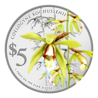 Singapur - 5 SGD Orchideen 2014 Coelogyne Rochussenii - 1 Oz Silber
