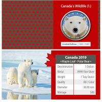 Kanada - 5 CAD Maple Leaf Wildlife Eisbr 2019 - 1 Oz Silber Color