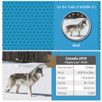 Kanada - 5 CAD Maple Wildtiere Unterwegs Wolf 2019 - 1 Oz Silber Color