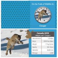 Kanada - 5 CAD Maple Wildtiere Unterwegs Puma 2019 - 1 Oz Silber Color