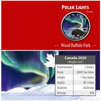 Kanada - 5 CAD Maple Leaf Polarlichter 5: Wood Buffalo Park - 1 Oz Silber Color