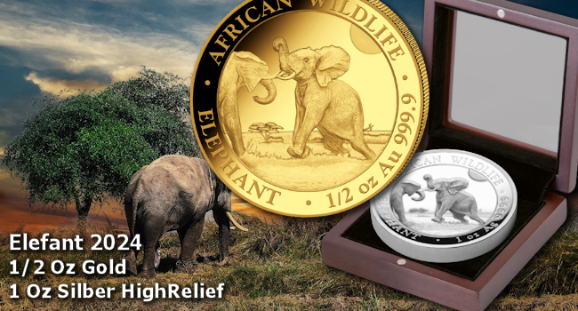 Elefant 2024: 1 Oz Silber HighRelief und 1/2 Oz Gold