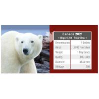 Kanada - 5 CAD Maple Leaf Wildlife Eisbr 2021 - 1 Oz Silber Color