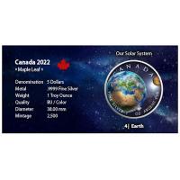 Kanada - 5 CAD Maple Leaf Sonnensystem (4.) Erde - 1 Oz Silber Color