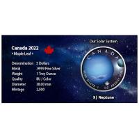 Kanada - 5 CAD Maple Leaf Sonnensystem (9.) Neptun - 1 Oz Silber Color