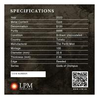 Tuvalu - 100 TVD Gods of Olympus: Ares 2023 - 1 Oz Gold (Nur 100 Stück!!!)