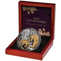 Niue - 10 NZD Lunar Serie: Pferd 2026 - 5 Oz Silber Black Proof Gilded