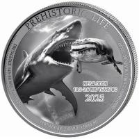 Kongo - 20 Francs Prähistorisches Leben II. Megalodon (5.) - 1 Oz Silber