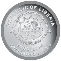 Liberia 20 Dollar Rock N Roll Records 2026 0,5g Platin Rückseite
