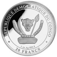 Kongo 20 Francs Prähistorisches Leben II. Plateosaurus (7.) 1 Oz Silber Color Rückseite