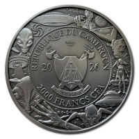 Kamerun 2.000 Francs Alien Auge (Alien Eye) 2026 2 Oz Silber UHR Antik Rückseite