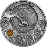 Liberia 25 Dollar Megafauna: Riesenhirsch (Giant Deer) 2026 2 Oz Silber Antik Finish Ultra High Relief Rückseite