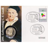 Numisbrief - 200. Geburtstag Carl F. Gau - Briefmarke + 5 Mark Silber