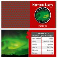 Kanada - 5 CAD Maple Leaf Manitoba Nordlichter 2018 - 1 Oz Silber Color