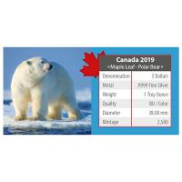 Kanada - 5 CAD Maple Wildtiere Unterwegs Eisbr 2019 - 1 Oz Silber Color