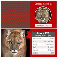 Kanada - 5 CAD Maple Leaf Wildlife Puma 2019 - 1 Oz Silber Color