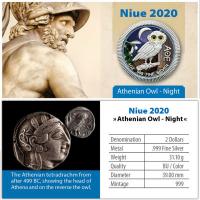 Niue - 2 NZD Eule von Athen bei Nacht 2020 - 1 Oz Silber Color