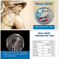 Niue - 2 NZD Eule von Athen bei Tag 2020 - 1 Oz Silber Color