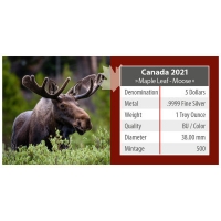 Kanada - 5 CAD Maple Leaf Wildlife Elch 2021 - 1 Oz Silber Color
