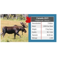 Kanada - 5 CAD Maple Wildtiere Unterwegs Elch 2021 - 1 Oz Silber Color