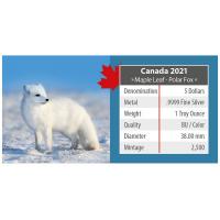 Kanada - 5 CAD Maple Wildtiere Unterwegs Polarfuchs 2021 - 1 Oz Silber Color