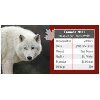 Kanada - 5 CAD Maple Leaf Wildlife Polarwolf 2021 - 1 Oz Silber Color