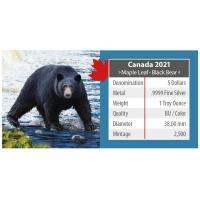 Kanada - 5 CAD Maple Wildtiere Unterwegs Schwarzbr 2021 - 1 Oz Silber Color