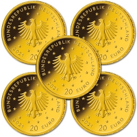 Deutschland - 5*20 Euro Heimische Vgel Schwarzspecht SATZ 2021 - 5*1/8 Oz Gold